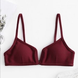 ZAFUL Ribbed V Wired Cami Bikini Top - Red Wine